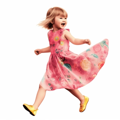 Singer Taylor Swift as a 2 year old toddler, wearing a pink shimmering velvet dress with yellow floral print, dancing, yellow shoes, irradiant facial expression, plain white background, clipart