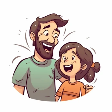 Father and daughter playing or laughing together, sticker style vector illustration for t - shirt, clipart, white background