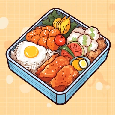 create a delicious bento box full of delicious chicken, lemon and sunny side egg and rice, hot food, aesthetic, no background, high quality clipart style