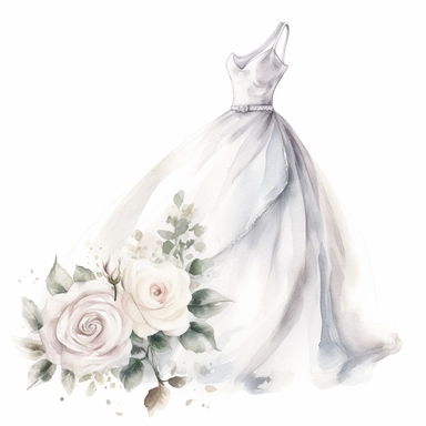 watercolor elegance Wedding dress clipart, with white roses, charming jewelry, hd, isolated on white background, space out