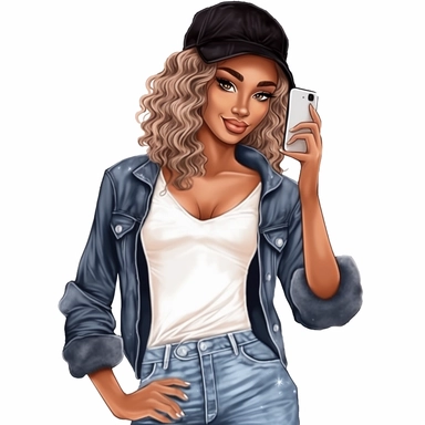 A beautiful African American woman, Denim girl clipart, Denim clipart, Fashion girl clipart, wearing denim shorts, brown leather sandals, Jeans Girl Clipart, African American clipart, Afro girls clipart, Clipart, ultra realistic, hand drawn,wearing the white crop tops, all with beautiful bright smiles, Full body. Clothing line, retail fashion, 2023, fashionnova, African american, mid sized models. Highly detailed. very attractive, glamorous, make up beautiful, gorgeous, glowing make - up. full b