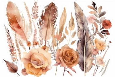 Watercolor boho floral clipart set. Pampas grass border, palm leaves bouquet, dry flowers, roses in pastel colors. Hand painted illustration isolated on white background. Bohemian wedding ,