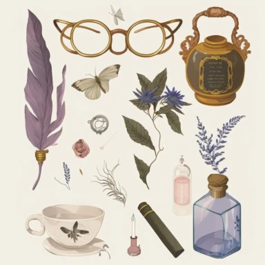 glasses, key, feather, candle, teapot, leaf, butterfly, teacup, white sage smudging stick, old ring, perfume clipart