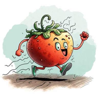 eccentric oddball tomato running a marathon, whimsical, cartoon style, hand drawn watercolor, clipart, intricate details,
