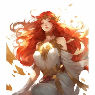 a girl with red flowing hair, delicate shades of red orange and gold, watercolor clipart, white backound, no backound, glowing,Takehisa Yumeji