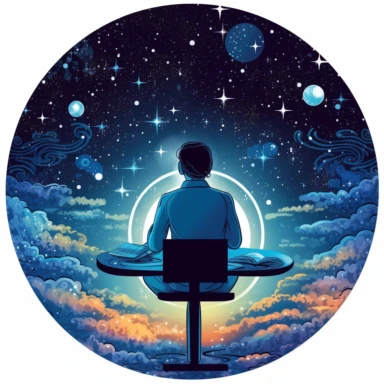 a clipart style image showing an aerial, circular view of a single human figure sitting at a desk and using a computer. The background is a galaxy starscape