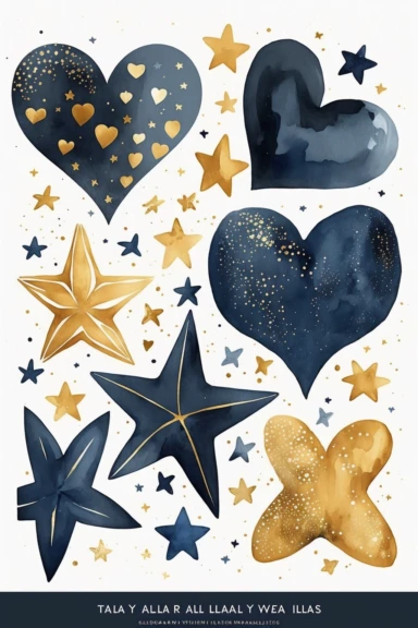 collection of clipart, hearts and stars theme, two big hearts and four big stars, modern watercolor. by mary blair. white background, navy blue, golden,