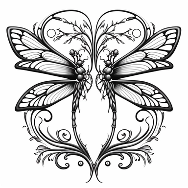 symmetrical dragonfly style fairy wings in art nouveau style, black lines, detailed, flat design, flat flowers embedded into the wings, white background, clipart style, black and white,