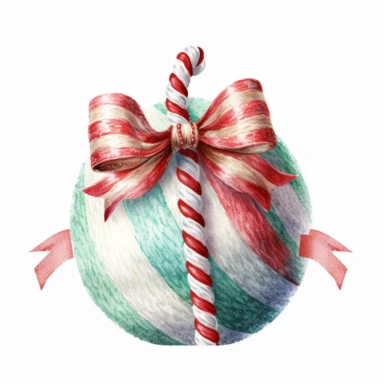 A Christmas ball and Bow, full color, knitted painting texture, Perfect for nursery art and children's book illustration style, simple, cute, full color, clipart, watercolor illustration, single object, high definition 8k, white background for removing background