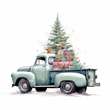 High resolution Let it snow, Beautiful decorated christmas tree in the back of a pickup, grid, contemporary diy, white background, mixed patterns, realistic, scrapbook, high resolution, , style by Lucy Fleming, watercolor, smooth gradients, black contour