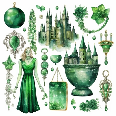 Emerald City Clipart PNG Set, emerald princess, Watercolour Illustration clipart, 4K, extremely detailed
