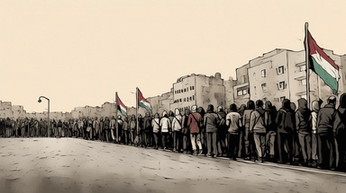right view , march of people crowd raising palestine flags on a road + sideview + dark color tones + vintage drawing style , clipart drawing, clipart image, high definition drawing, clean colors, balanced colors, detailed drawing, side perspective