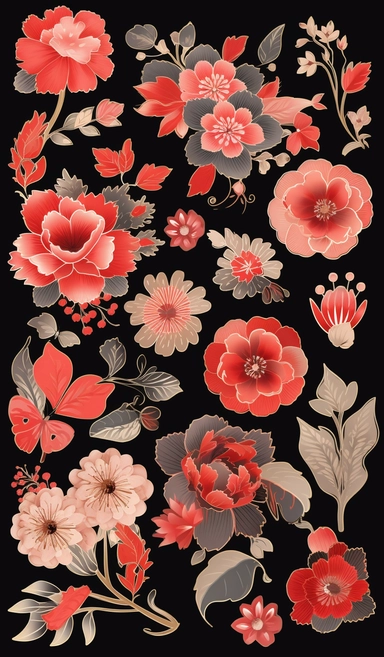 red flower overlay stickers with hearts, png, clipart, in the style of dark beige and black, strip painting, feminine sensibilities, multiple patterns, muted watercolor palettes, dark gray and pink, ming dynasty