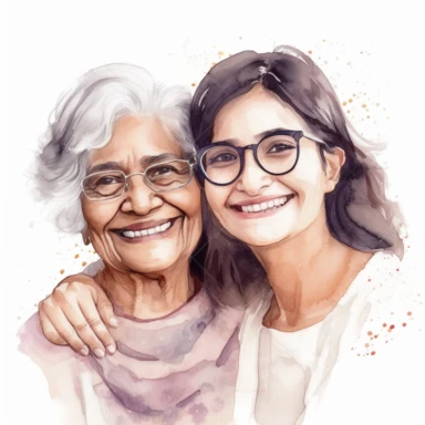 smiling old hispanic mom and adult hispanic daughter with watercolor effect, realistic faces, mothers day, suitable for digital clipart, magic scene, white background