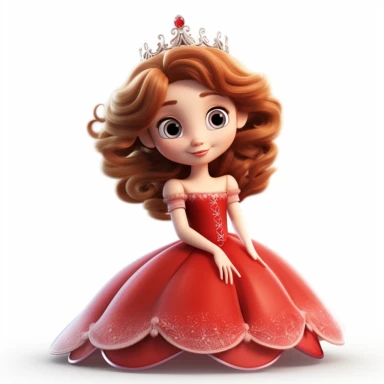 pixar style little princess clipart, red tone colors, big eyes, smiling, lovely, adorable, full body, on white background