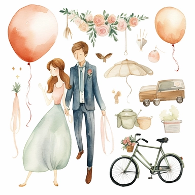 Watercolor wedding cute illustrations clipart set, simple, soft colors, cartoon elements, different variants, girl with long braids on wedding day, wedding, husband and wife, veil, garland, balloons, wedding bouquet, gold rings, wedding cake, wooden elements, they sit on a bench, on a car, on a bicycle, white transparent background, separate elements with a margin