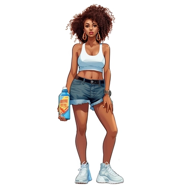 full body clipart black woman tank top and blue jean shorts big curly shiny afro with head band gold earrings hands on her hips white converse tennis shoes holding a water bottle