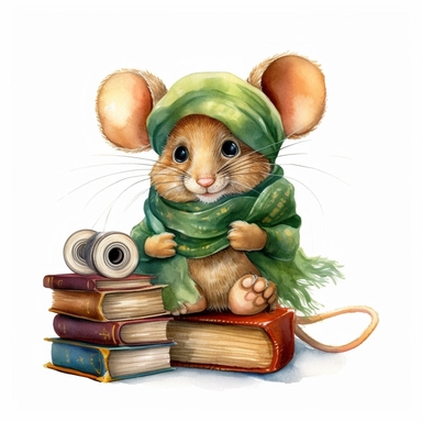 watercolor clipart, cute little brown mouse wearing glasses and a green scarf, sitting on the top of a sewing thread spool reading a book, soft golden glow, isolated and centered on a white background, detailed 8K