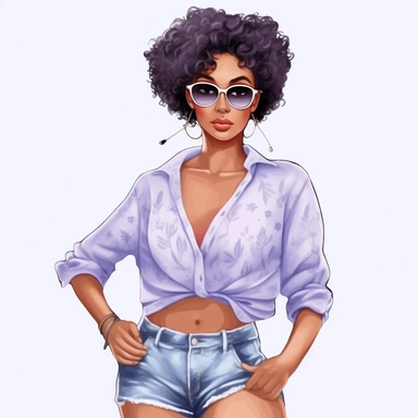 Summer Fashion Girl Clipart, Black Girl Clipart, Black Woman Clipart, Fashion Planner Clipart, African American Beach Fashion Clipart, denim jeans and lavendar blouse, pixie cut hair