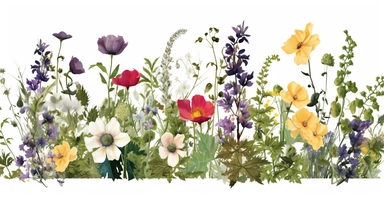 Pressed boho cottagecore snapdragon, cosmos, lupine, anemone and columbine floral border wildflowers with green foliages floral nature garden border, clipart with white background