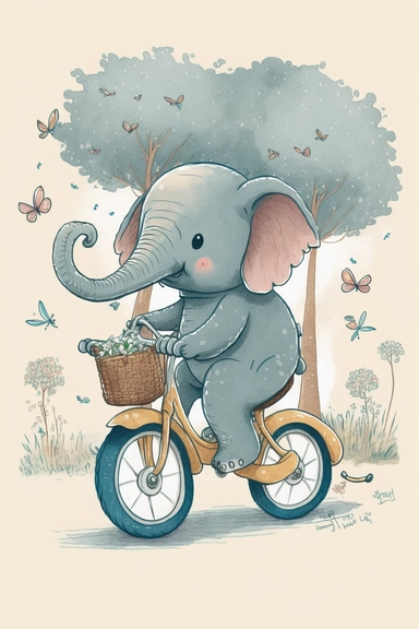 a very cute and happy smiling baby elephant with big eyes riding a bike going on a picnic, Atmosphere: a playful whimsical scene that is sure to bring joy to any child's bedroom or nursery, style of Beatrix Potter, cartoon, watercolor, Disney Pixar style, pastel colors, as in a children's book, clipart, hd, 16k, 4k, isolated on a white background, white margins, nursery, flat design, flat style, simple, minimalistic,