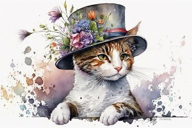 watercolor art adorable cat in a fancy hat clipart, hd white background