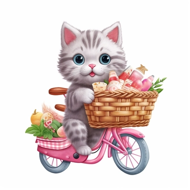 Create a clipart of a cute kitten riding a pink bicycle with a basket full of picnic food, ready for a day in the park. Low detail. White background, soft lighting. In the style of Bob Ross