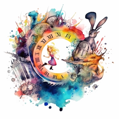 Clipart, watercolor, white background: Alice in Wonderland falling down the rabbit hole, surrounded by a swirl of whimsical colors and curious objects.