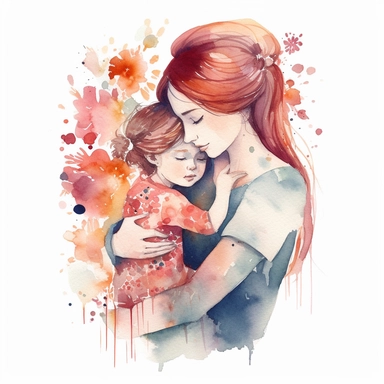 a watercolor drawing of Mother hugging her little daughter, watercolor clipart, hearts, floral, no text, solid white background