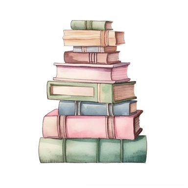 pile of books, dusty pink and pastel green palette, super cute, so adorable that is breaks your heart, full body, watercolor clipart, isolated on white background, cute-core