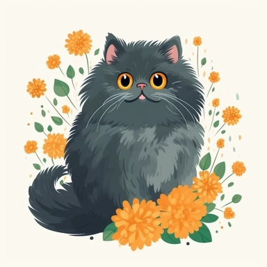 illustration of an adorable dark gray persian cat smiling, using an iPad clipart pack, cheerful expression, isolated on a white background, in the style of dark emerald and amber, character studies, delicate paper petals depictions, cottagecore, warmcore, nul group, warm color palette, folkloric portraits, animated gifs