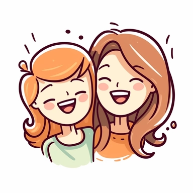 A playful icon to represent two female friends happy entrepreneur mothers rendered in white background charming hand drawn doodle style, colors pastel, brown hair, smiling. stecker, clipart