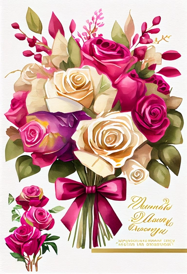 Roses bouquet Fuchsia and cream, gold bow in the bouquet, Watercolor Clipart