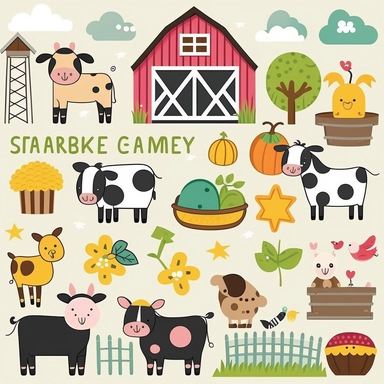 Create a set of cute and whimsical clipart illustrations featuring farm animals, crops, and other farm-related elements. Use a bright and colorful color palette to create a cheerful and inviting atmosphere. Incorporate playful and fun design elements, such as cartoon-style illustrations, smiling animals, and friendly farmers, to create a sense of warmth and approachability. Use simple and easy-to-understand shapes and forms to make the clipart easy for children to recognize and understand. Consi