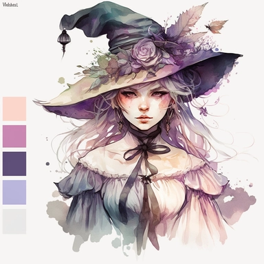 Clipart, beautifull witch in a watercolor, in the style of artgerm, soft and dreamy tones of pastel colors, detailed costumes and fashion, sheet film, uhd image, free brushwork, transparent/translucent medium, Nita Engle, Anne Kullberg, Yee Chong, Larissa Ria Loomans, charming character illustrations, white solid background