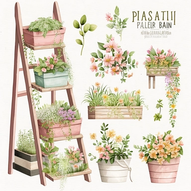 Spring Planters Clipart, springtime cute planter boxes and garden ladders, Sublimation Clipart, on a white background