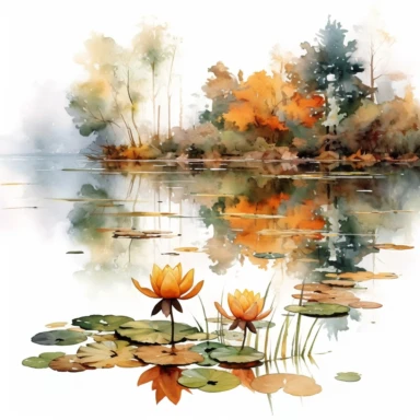 watercolor, hyper realistic, white background, white margins, 16k, ultra detailed clipart, cut out image, hand-drawn a serene pond in an autumn garden, with water lilies floating on the surface and trees reflected in shades of warm copper, gold, and amber.