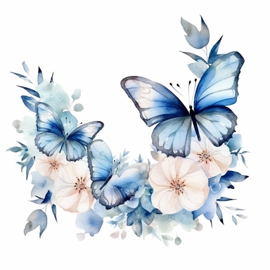 frosty white butterfly clipart with flower border, white background, watercolor, vector
