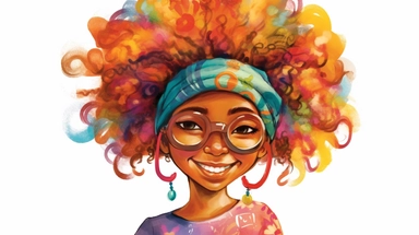 A joyful clipart portraying an African American girl with a charmingly textured hairstyle, adorned in fashionable and whimsical garments, set against a high-resolution and transparent background, brought to life with the vibrant colors and free-flowing brushstrokes of a watercolor art style,
