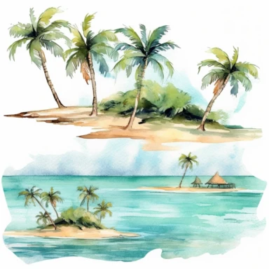 Tropical island beach clipart set isolated on white, watercolor, - - no photograph