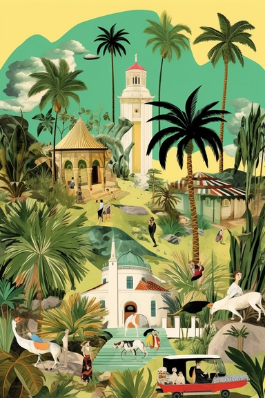 a fancy millennial modern loose illustrated collage of icons and clip art depicting oaxaca mexico, colonial church, mountain, beach palms, agave plant, food, green/gold background in the style of The new yorker magazine, in the style of vanity fair