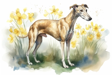 watercolor Vector hd clipart, gentle greyhound full body in daffodils, on white background, spaced out