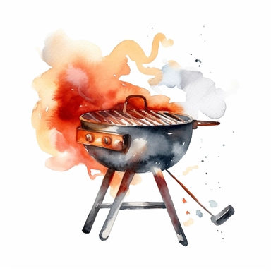 Watercolor A sizzling BBQ grill with smoke and flames clipart, Minimalist, isolated white background, 8k