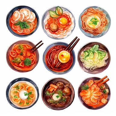 Kimchi, Korean fried chicken, Tokpokki, Ramyeon, Jajangmyeon, Kimbap, Bibimbab, Shabu Shabu, Sundubu jigae, Ginseng chicken soup, korean food, white background, clipart, Object, vector collection, 8k, watercolor