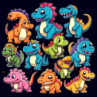 cute cartoon dinosaur clipart, black background,--no cut off edges