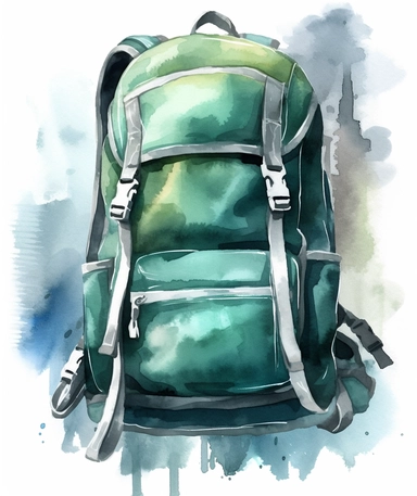 watercoler clipart, a green, backpack with straps on it, in the style of light silver and light indigo, iso 200, ben goossens, outdoor scenes, dark teal, swiss style, video feedback loops