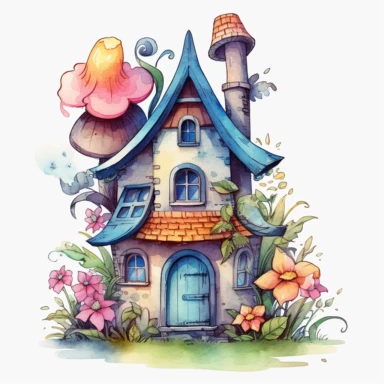 a whimsical watercolor summer fairyhouse, sublimation clipart,featuring cozy house, painted in soft pastel shades of blue, pink, green, and yellow, with intricate details such as flowers, vines, and shingled roofs, fine brushes, and various shades of pastel paint pigments, isolated on a white background,single object, print on demand image, PNG transparent background, white background for removing background - - no text shadow font watermark