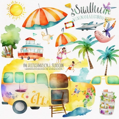 watercolor summer vacation from school clip arts, end of school year clipart, white background, no letters