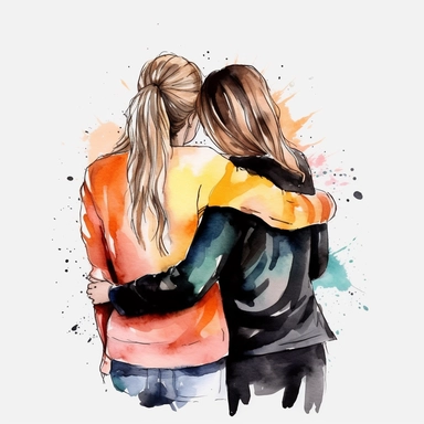 illustration, watercolor, best friend hug clipart, black outline, white background