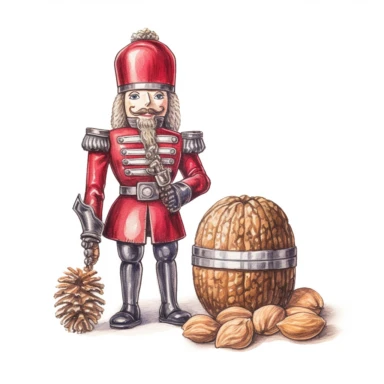 Christmas Nutcracker, Red and Silver, colors in watercolor pencil drawing style, on a white background, walnuts near the nutcracker, clipart, high details, hdr, hyperrealism